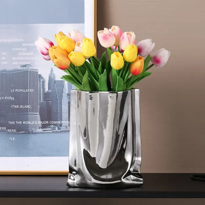 Modern silver ruffled ceramic flower vase living room decor