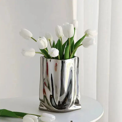 Modern silver ruffled ceramic flower vase living room decor
