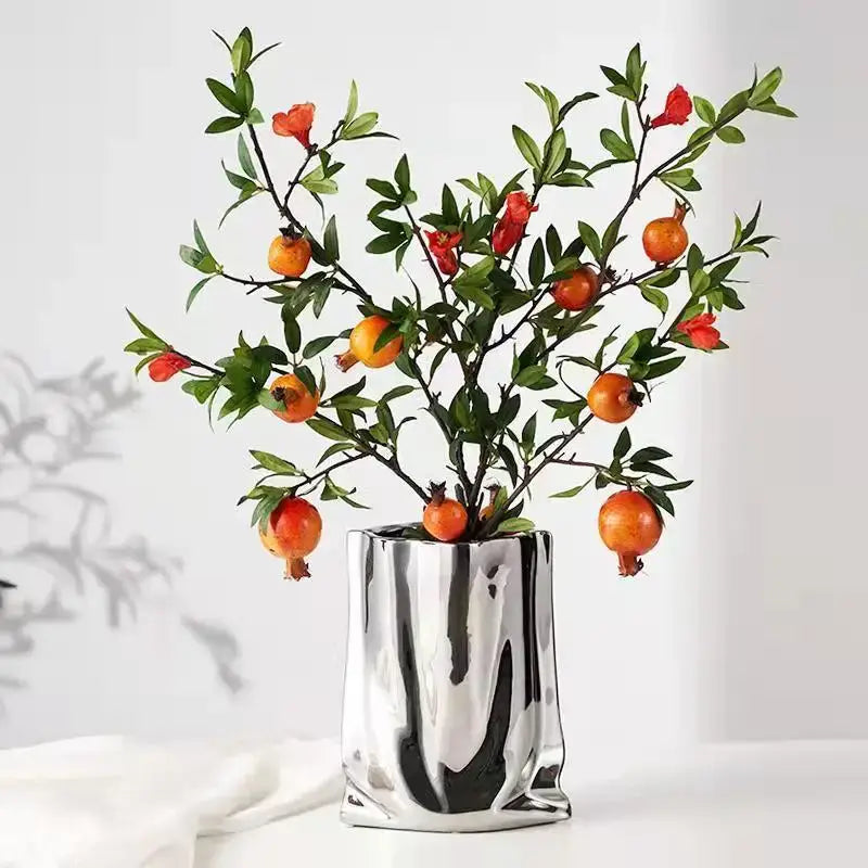 Modern silver ruffled ceramic flower vase living room decor