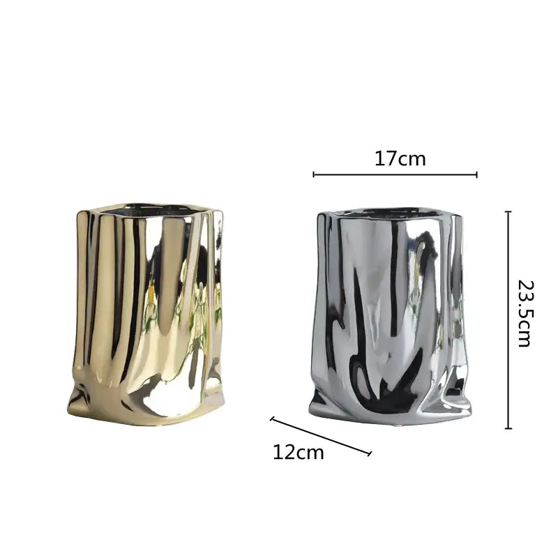 Modern silver ruffled ceramic flower vase living room decor