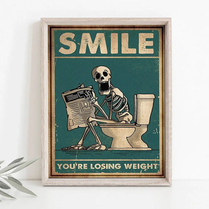 Vintage teal skeleton man squatting toilet canvas art bathroom decor
