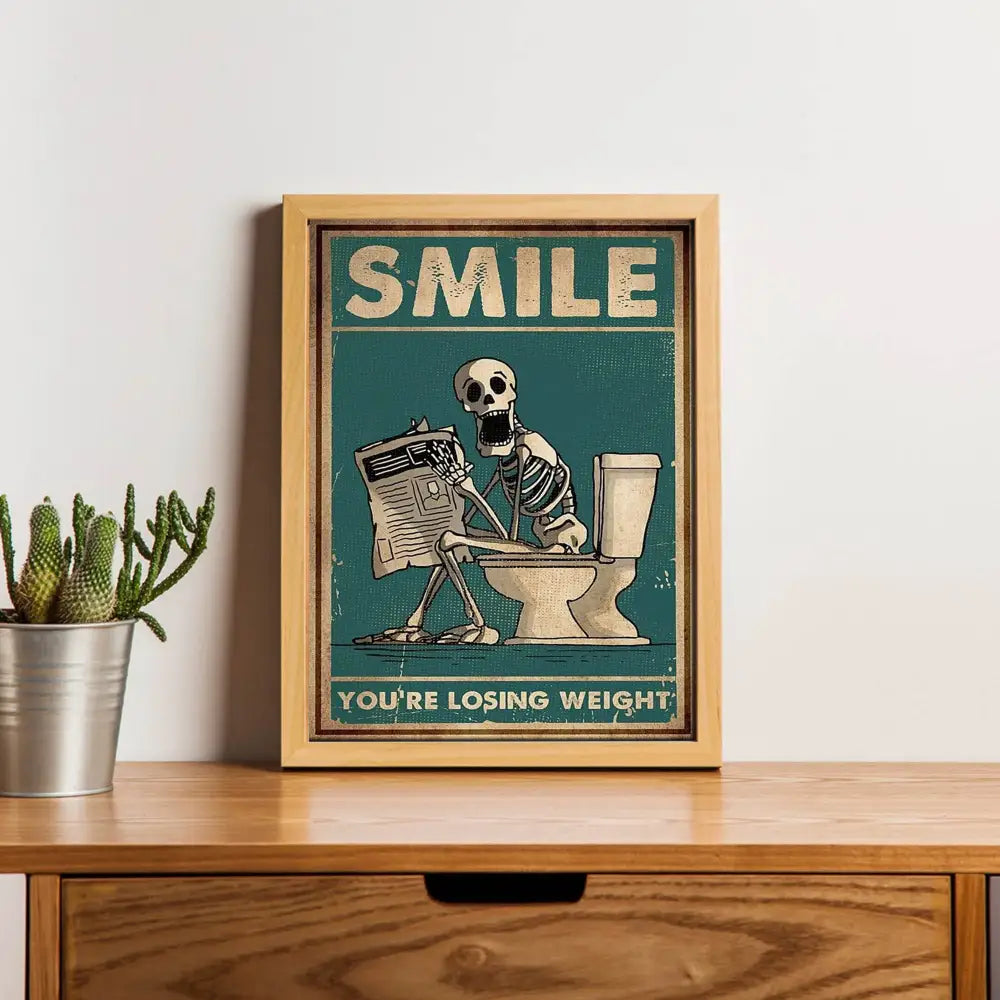 Vintage teal skeleton man squatting toilet canvas art bathroom decor