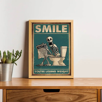 Vintage teal skeleton man squatting toilet canvas art bathroom decor