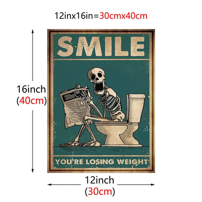 Vintage teal skeleton man squatting toilet canvas art bathroom decor
