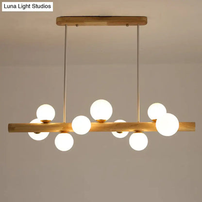 Modern wooden led ceiling light with cream glass shade dining room
