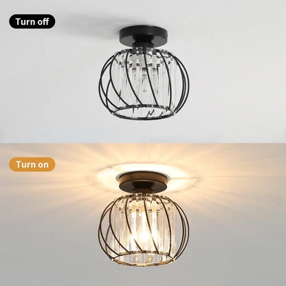 Farmhouse bronze metal cage ceiling light with crystals for bedroom