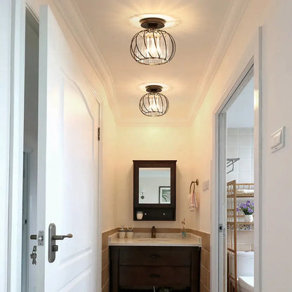 Farmhouse bronze metal cage ceiling light with crystals for bedroom