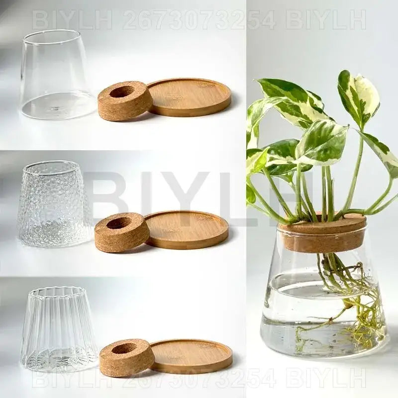Small transparent glass vase with bamboo base for living room decor