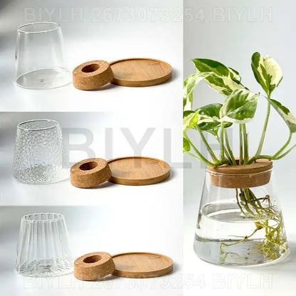 Small transparent glass vase with bamboo base for living room decor