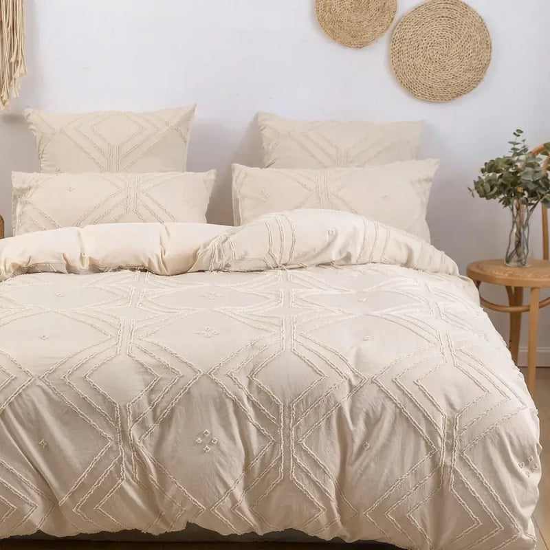 Beige quilted geometric duvet cover set bedroom frayed texture