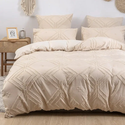 Beige geometric quilted duvet cover set bedroom frayed texture