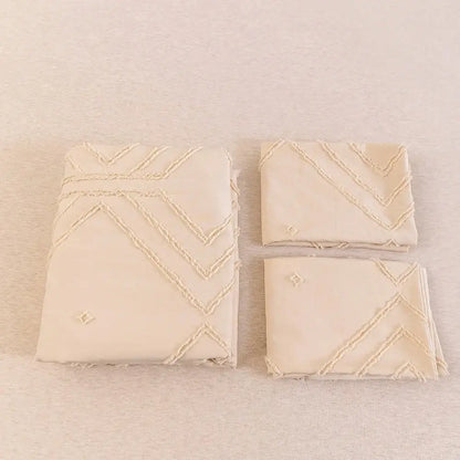 Beige quilted geometric duvet cover set bedroom frayed texture