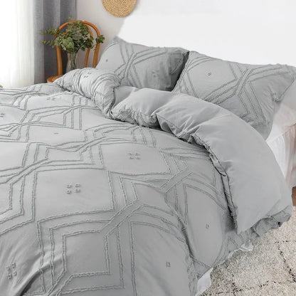 Beige geometric quilted duvet cover set bedroom frayed texture