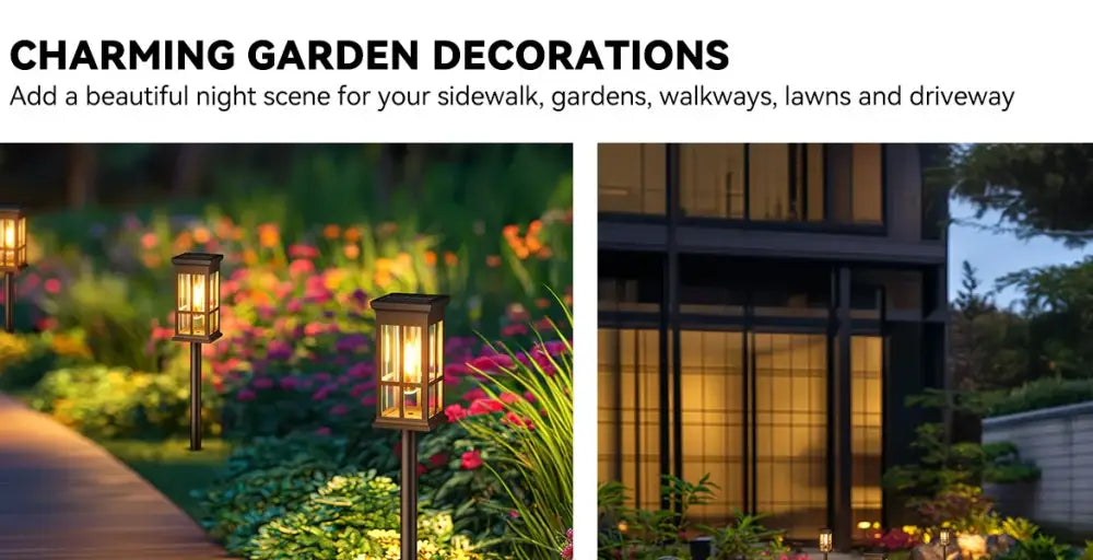 Bronze solar pathway lights warm yellow glass lanterns outdoor garden