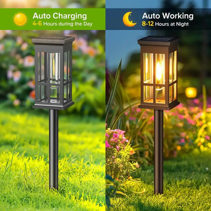 Bronze solar pathway lights warm yellow glass lanterns outdoor garden
