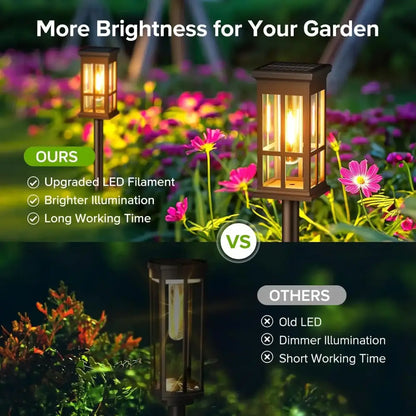 Bronze solar pathway lights warm yellow glass lanterns outdoor garden