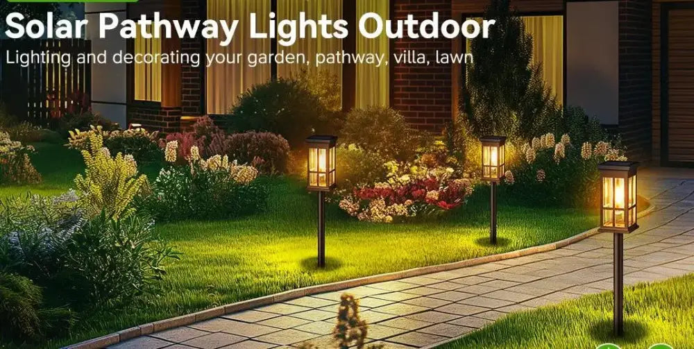 Bronze solar pathway lights warm yellow glass lanterns outdoor garden