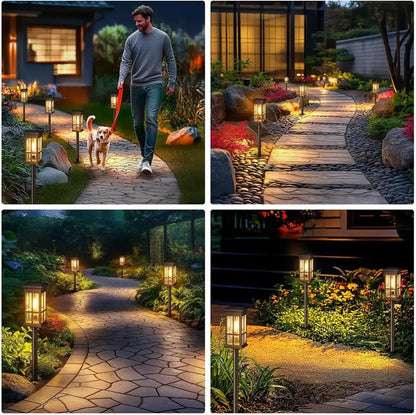 Bronze solar pathway lights warm yellow glass lanterns outdoor garden