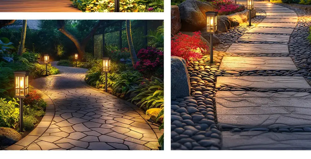 Bronze solar pathway lights warm yellow glass lanterns outdoor garden