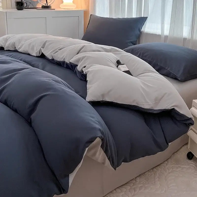 Navy and gray solid color brush fabric duvet cover set bedroom