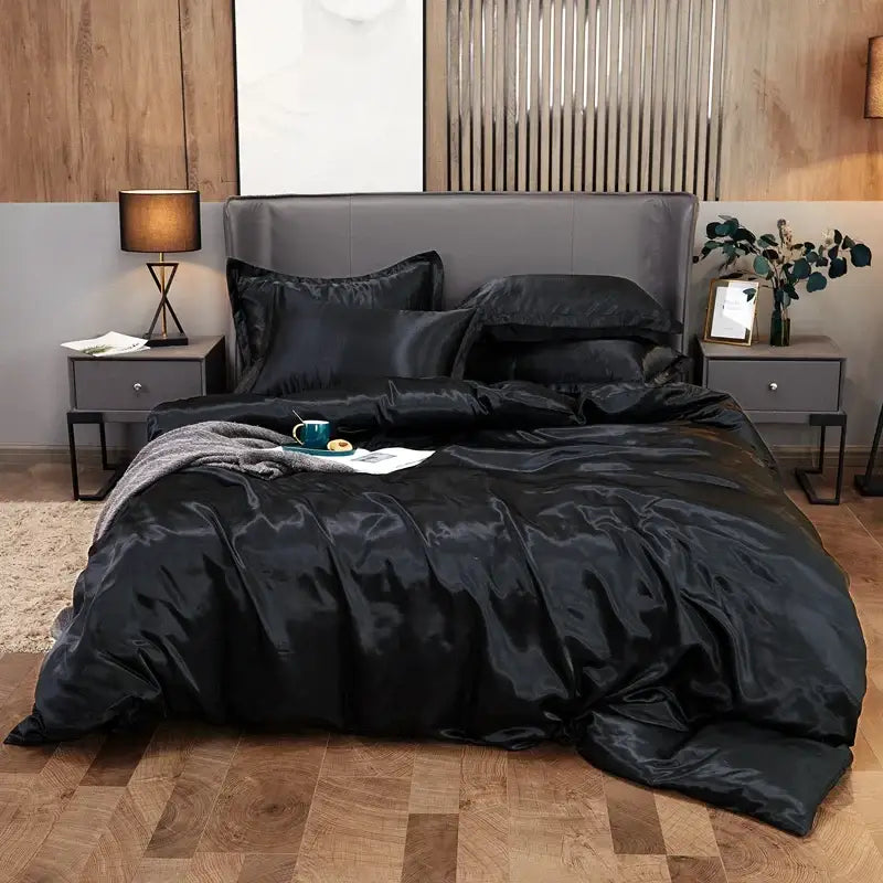 Luxury black solid color satin 3pc duvet cover bedroom bedding set