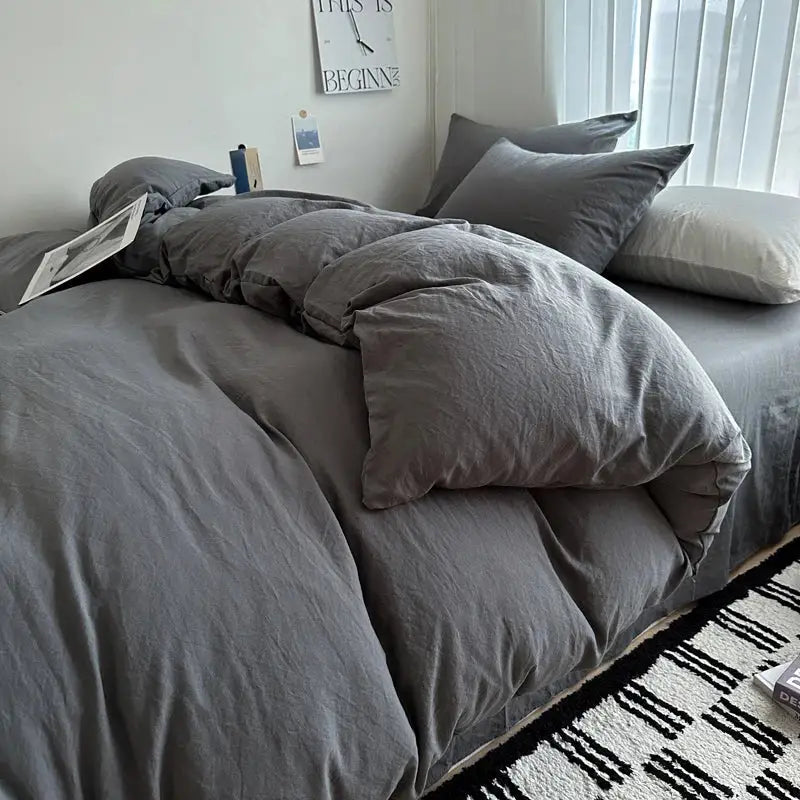 Gray quilted solid cotton duvet cover bedding set bedroom