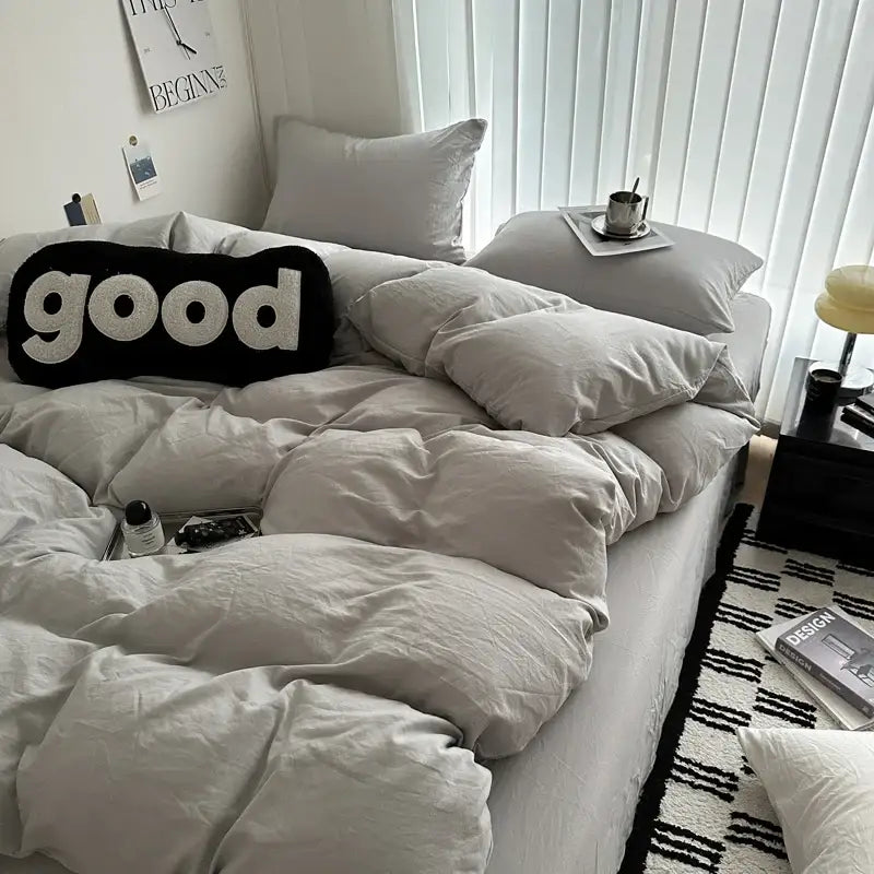 Gray quilted solid cotton duvet cover bedding set bedroom