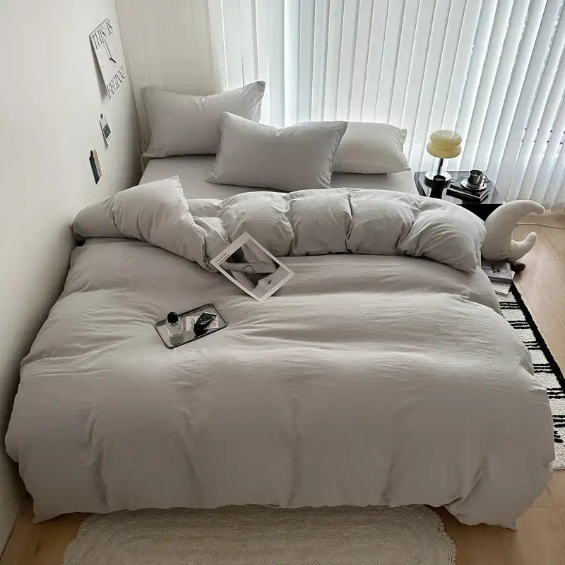 Gray quilted solid cotton duvet cover bedding set bedroom