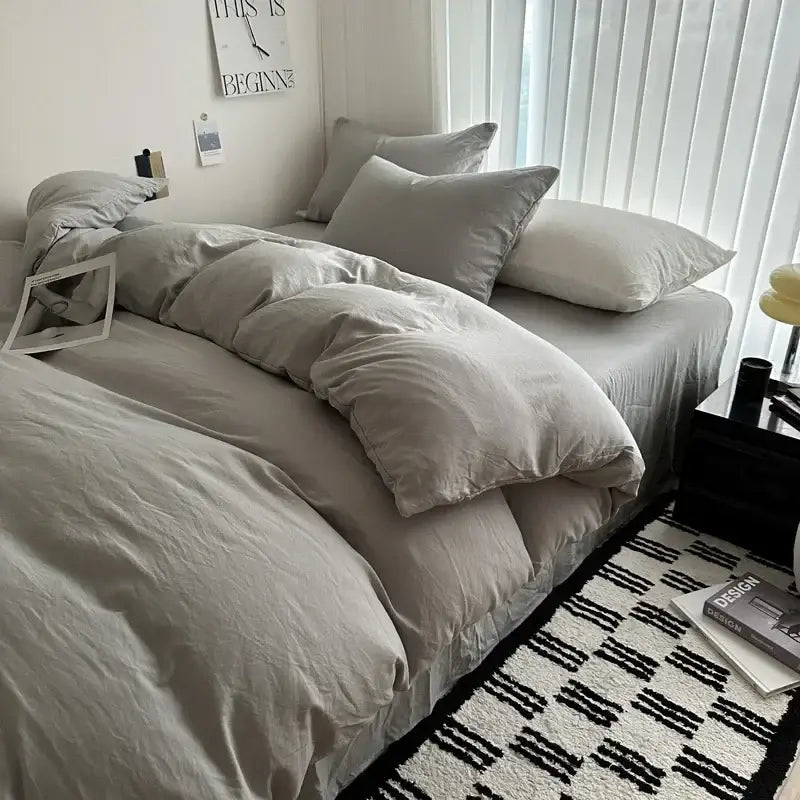 Gray quilted solid cotton duvet cover bedding set bedroom
