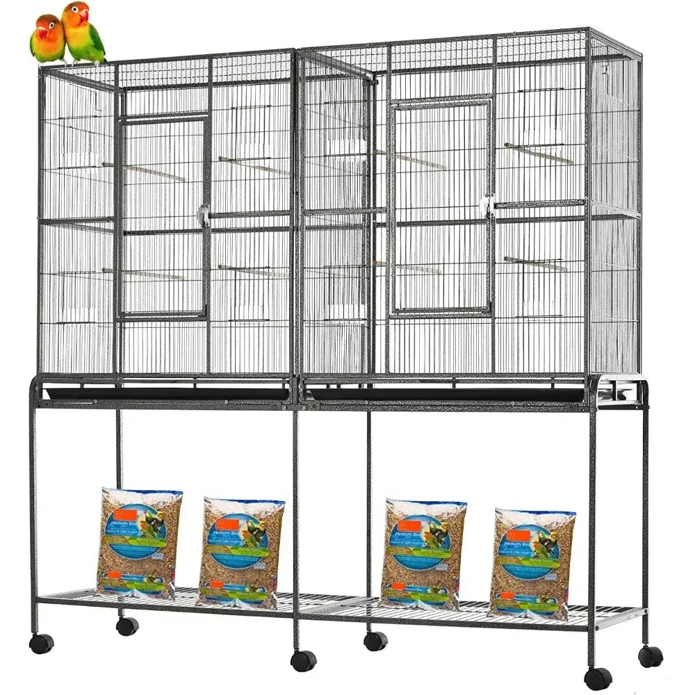 Wrought iron black double flight bird cage with breeding nest doors