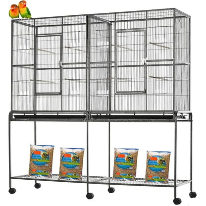 Wrought iron black double flight bird cage with breeding nest doors