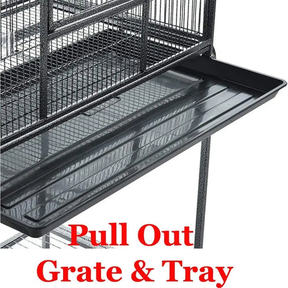 Wrought iron black double flight bird cage with breeding nest doors
