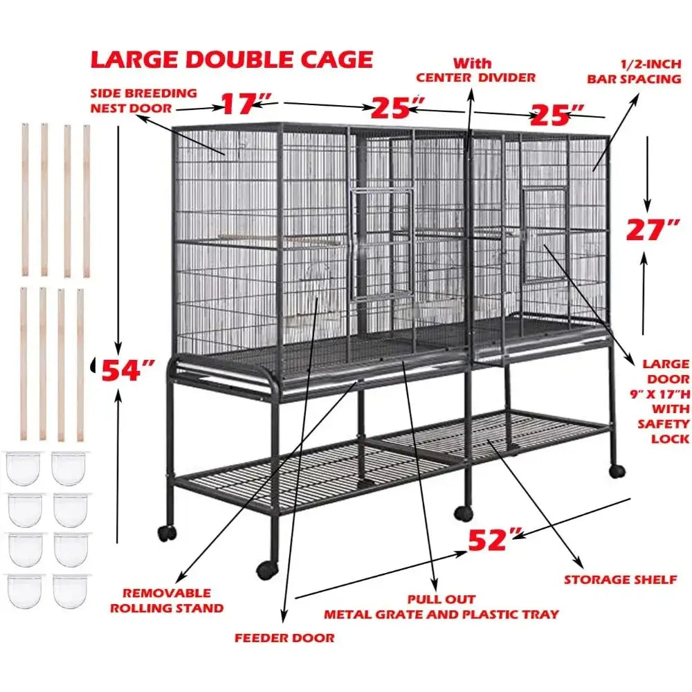 Wrought iron black double flight bird cage with breeding nest doors