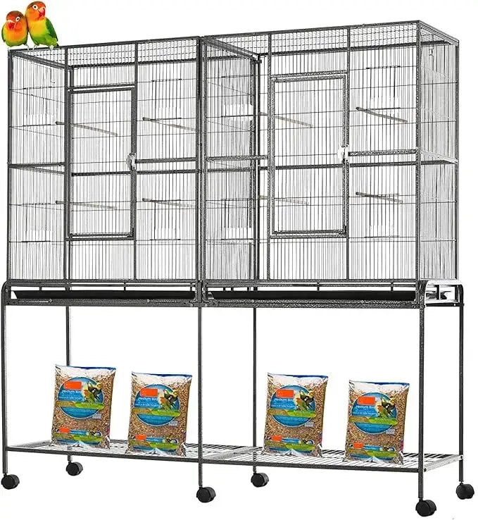 Wrought iron black double flight bird cage with breeding nest doors