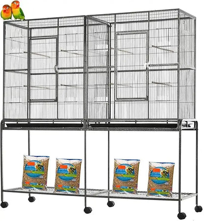 Wrought iron black double flight bird cage with breeding nest doors