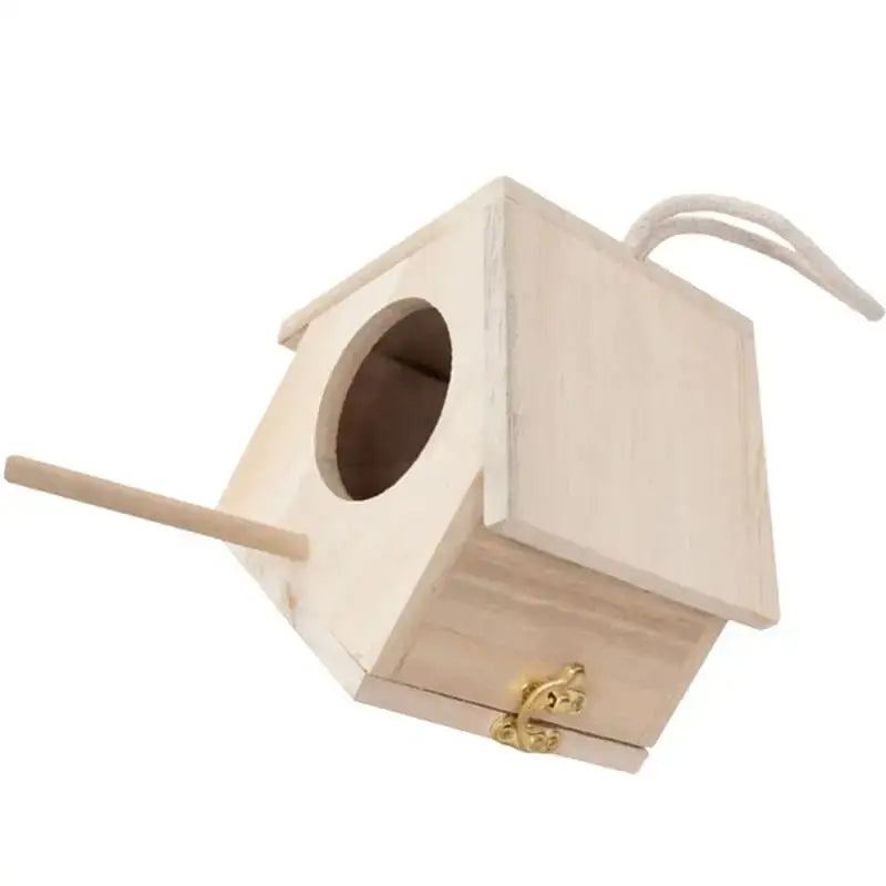 Light wooden bird house nesting box garden feature with perch