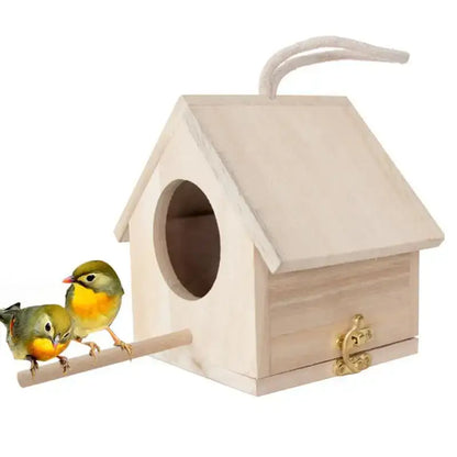 Light wooden bird house nesting box garden feature with perch