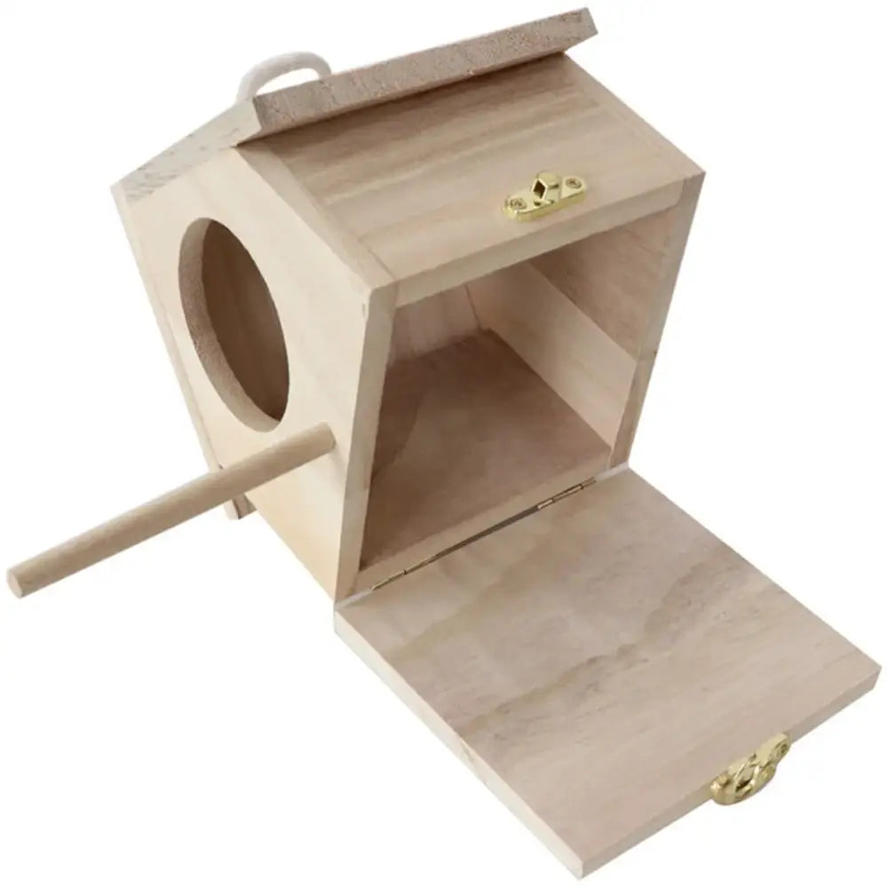 Light wooden bird house nesting box garden feature with perch