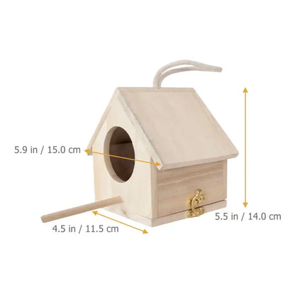 Light wooden bird house nesting box garden feature with perch