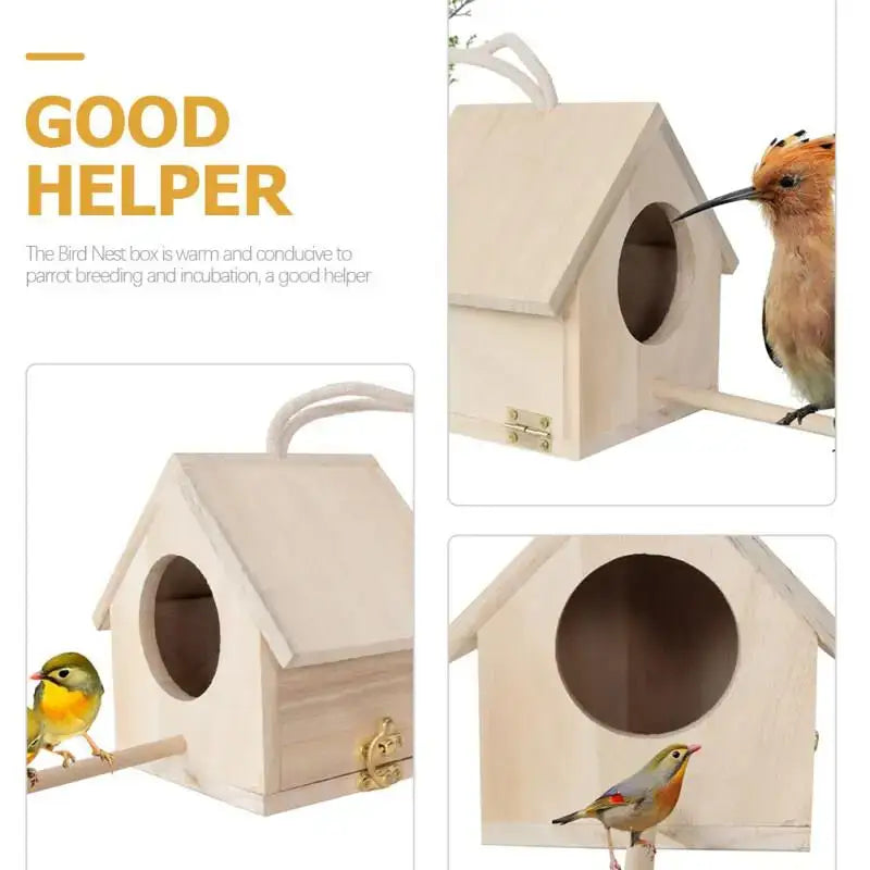 Light wooden bird house nesting box garden feature with perch