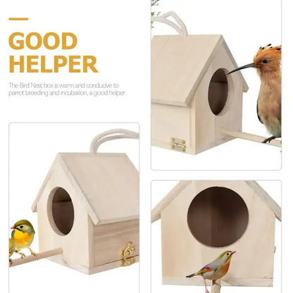 Light wooden bird house nesting box garden feature with perch