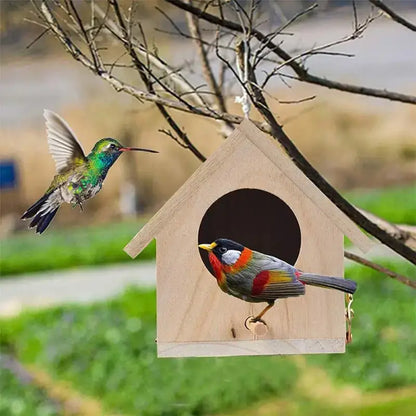 Light wooden bird house nesting box garden feature with perch