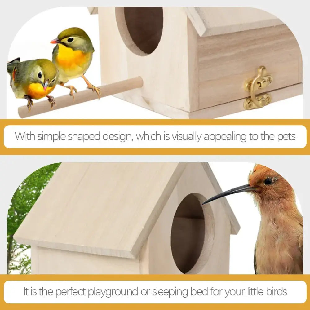 Light wooden bird house nesting box garden feature with perch