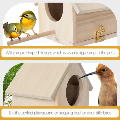 Light wooden bird house nesting box garden feature with perch