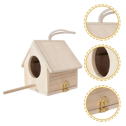 Light wooden bird house nesting box garden feature with perch