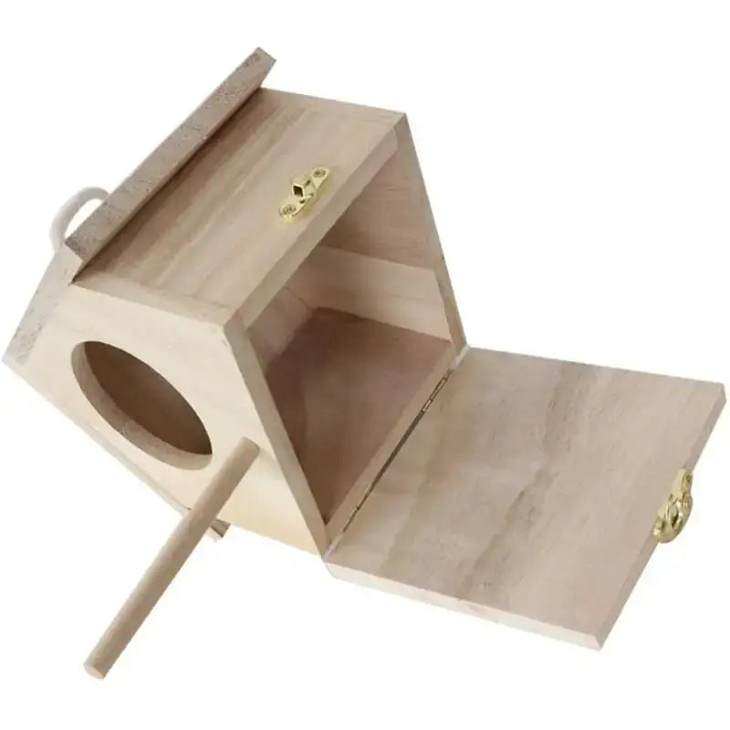 Light wooden bird house nesting box garden feature with perch