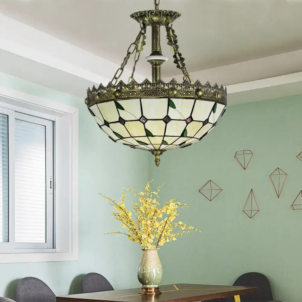 Antique brass lodge leaf stained glass bowl kitchen chandelier