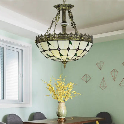 Antique brass lodge leaf stained glass bowl kitchen chandelier