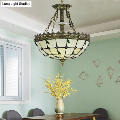 Antique brass lodge leaf stained glass bowl kitchen chandelier