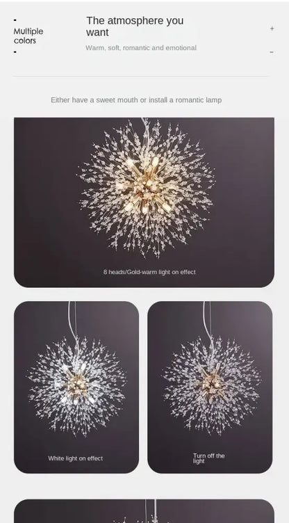 Modern golden dandelion crystal pendant light for dining room